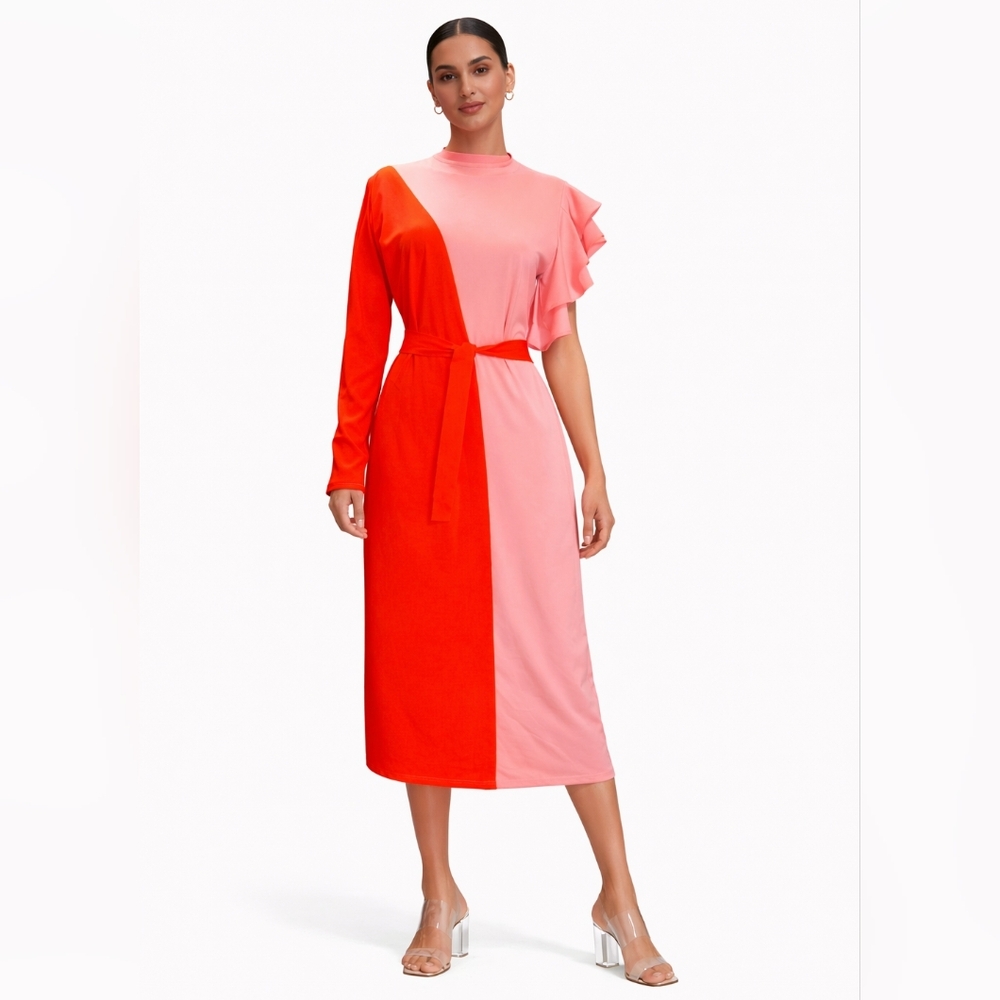 Colorblock Asymmetric Sleeve Dress